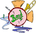 A picture of a drum, trombone, and other brass instruments.